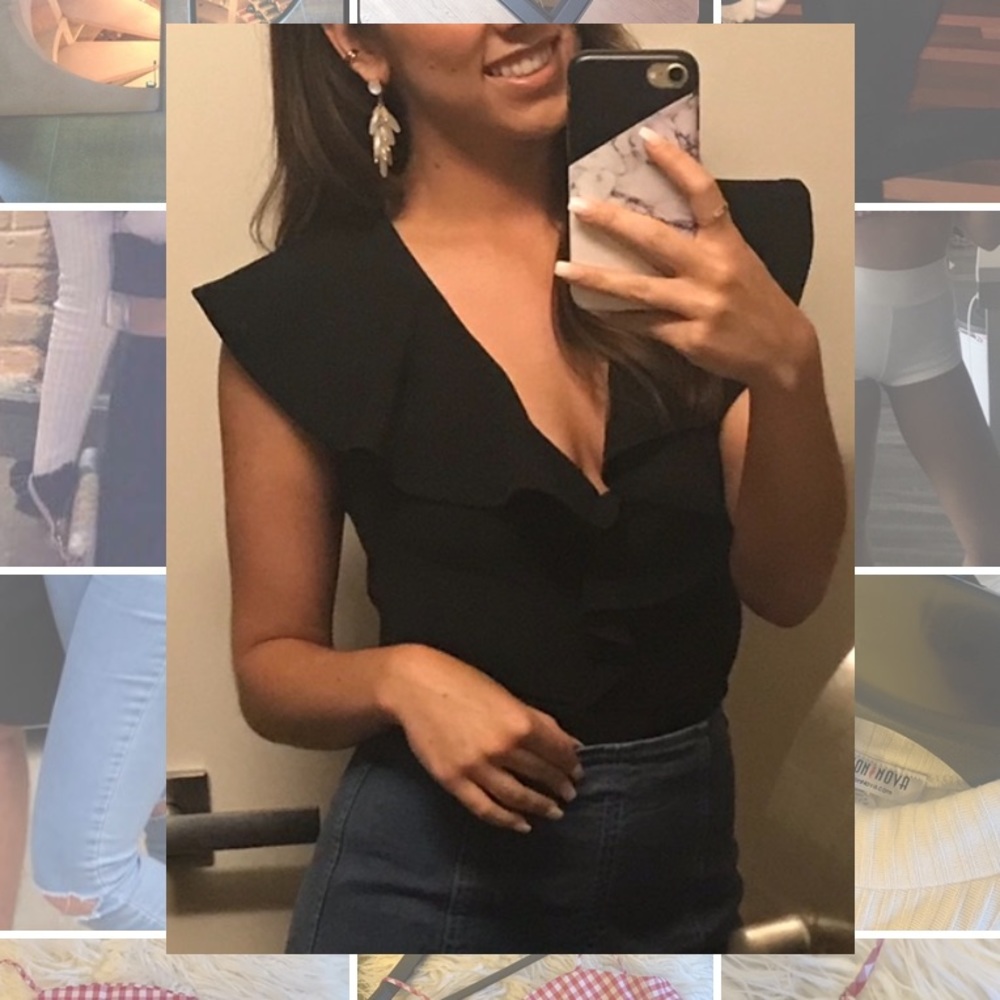Fashion Nova Black Plunge, Ruffle Bodysuit